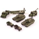 Dinky Toys 151a Medium Tank, 153a Jeep, flat bonnet, 152a Light Tank, 660 Tank Transporter, 651