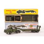 Dinky Supertoys 660 Tank Transporter, two examples, one in blue and white striped box, other in