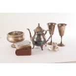 A group of silver plated items, to include a Russian sugar spoon, a crocodile skin wallet,