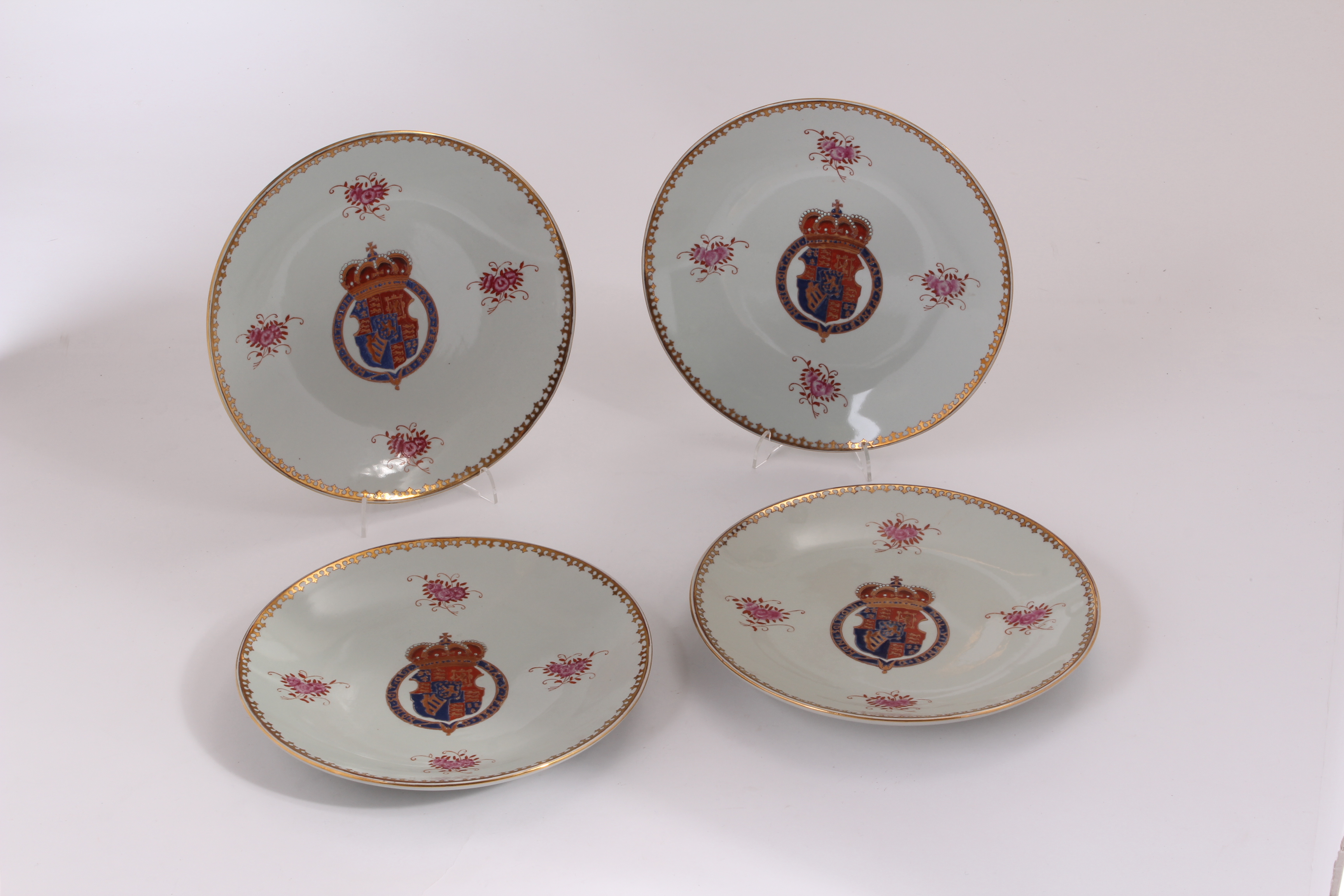 A set of four modern Chinese replica armorial commissioned plates, enamelled with the Royal Garter