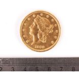 A US Twenty Dollar gold coin, dated 1889, VF, S mint, some small denting, approx 33.4g