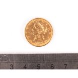 A US Five Dollar gold coin, dated 1882, VF, approx 8.3g