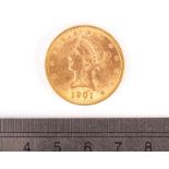 A US Ten Dollar gold coin, dated 1901, VF, approx 16.7g