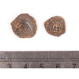 Two ancient Jewish Widow Mites copper coins, believed to be Leptons, worn but some areas visible (