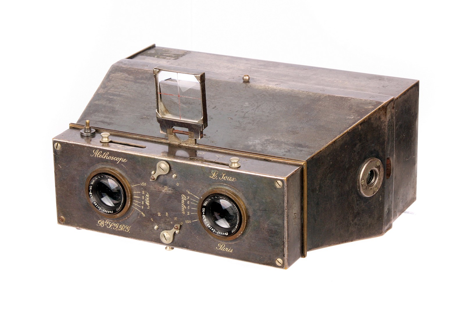 A Joux Metal Alethoscope Stereo Camera, 6x13cm, with E. Krauss Tessar-Zeiss f/6.3 90mm lenses,