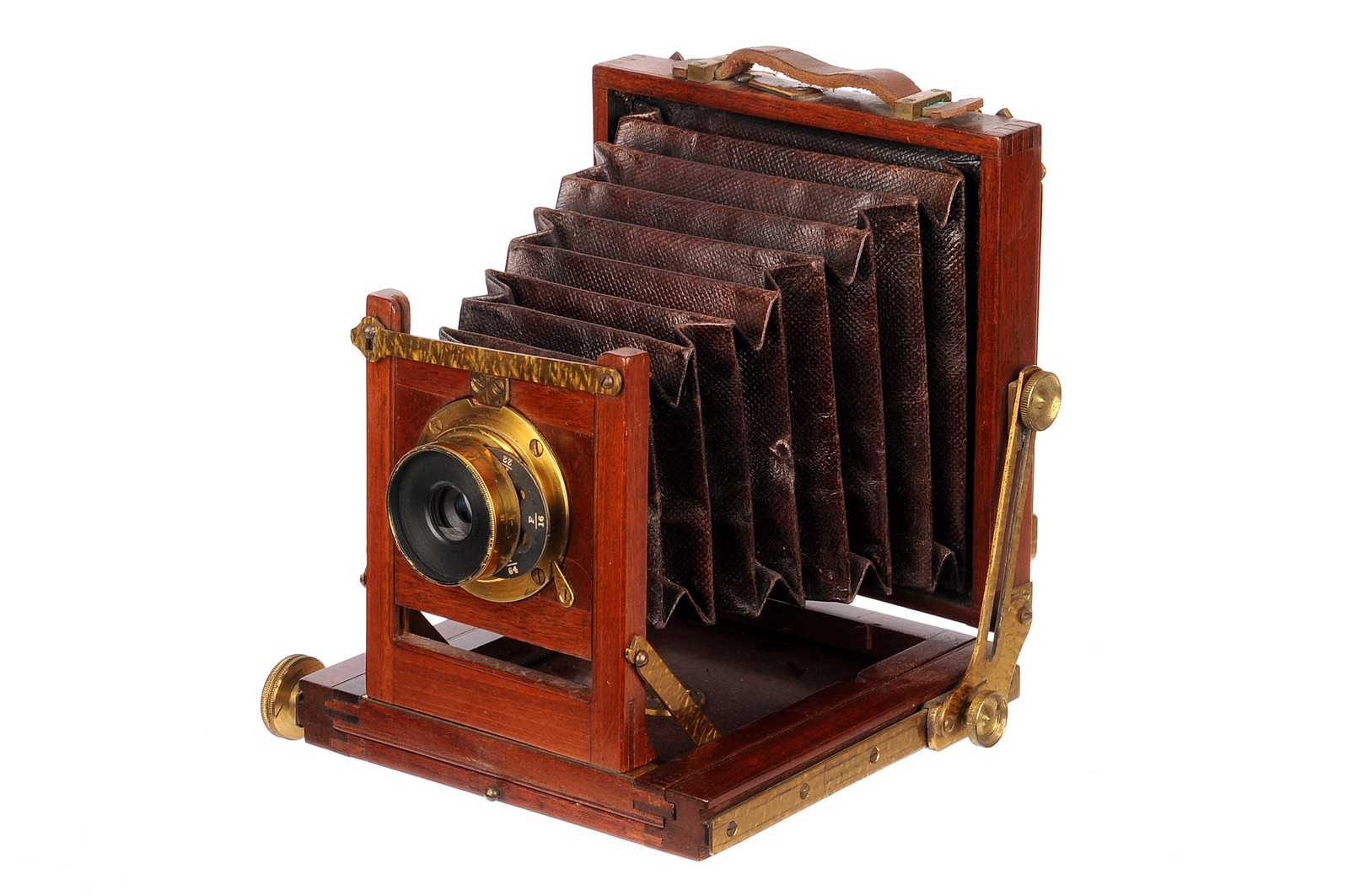 An Unmarked Mahogany Quarter-Plate Camera, 3x4”, with Wray W.A.R f/16 5” rotary Waterhouse-stop