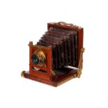 An Unmarked Mahogany Quarter-Plate Camera, 3x4”, with Wray W.A.R f/16 5” rotary Waterhouse-stop