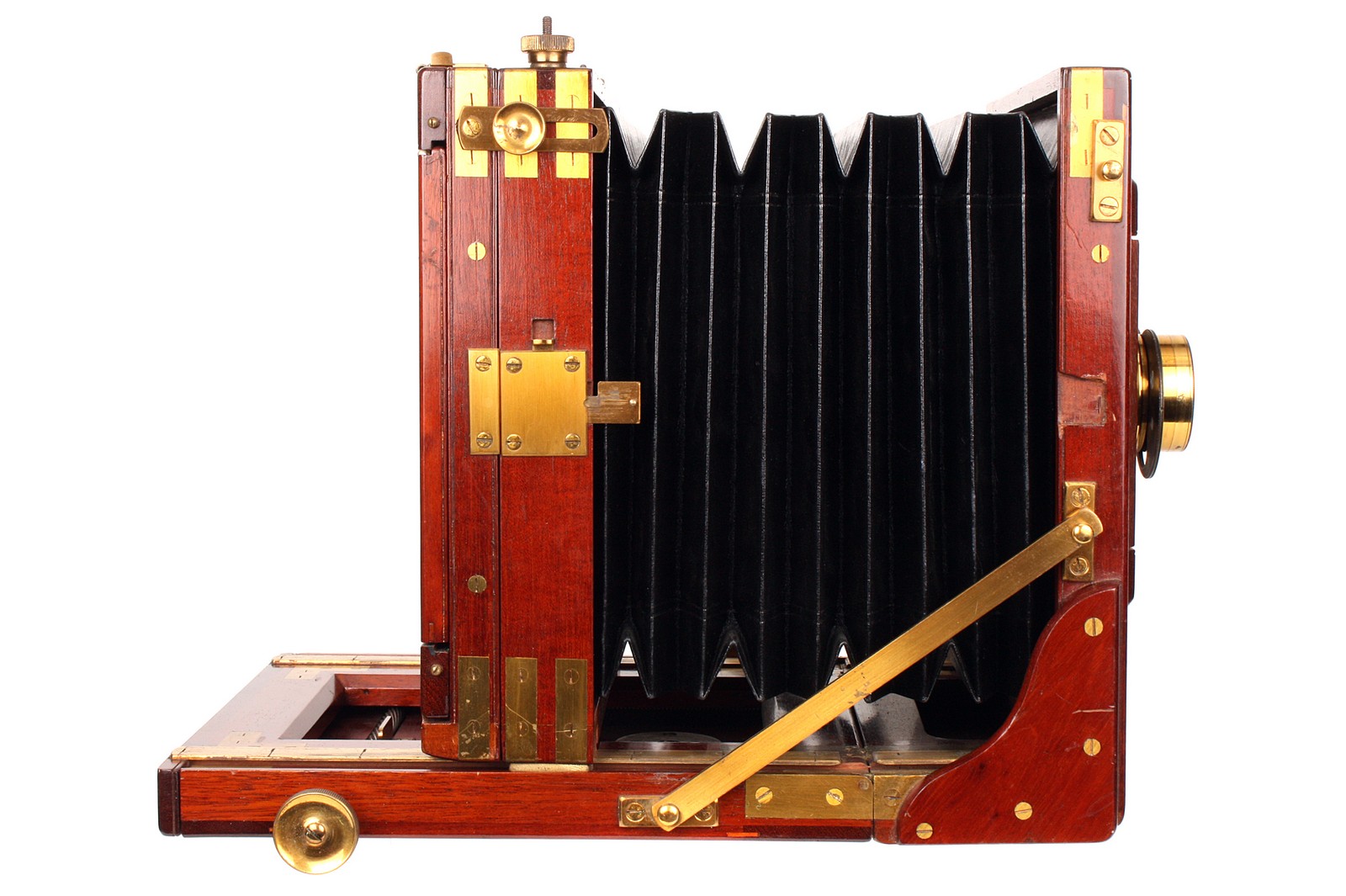 A W. Watson & Sons Mahogany Stereo Tailboard Camera, with brass bound corners, 4½x6¾”, with Wray - Image 4 of 5