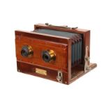 A Dr. Winzer & Co. Mahogany Stereo Tailboard Camera, with tilting rear back, 9x17cm, with unmarked