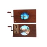 Mahogany-mounted Magic Lantern Slides: hand crank rotary slides of watermill with rotating wheel and