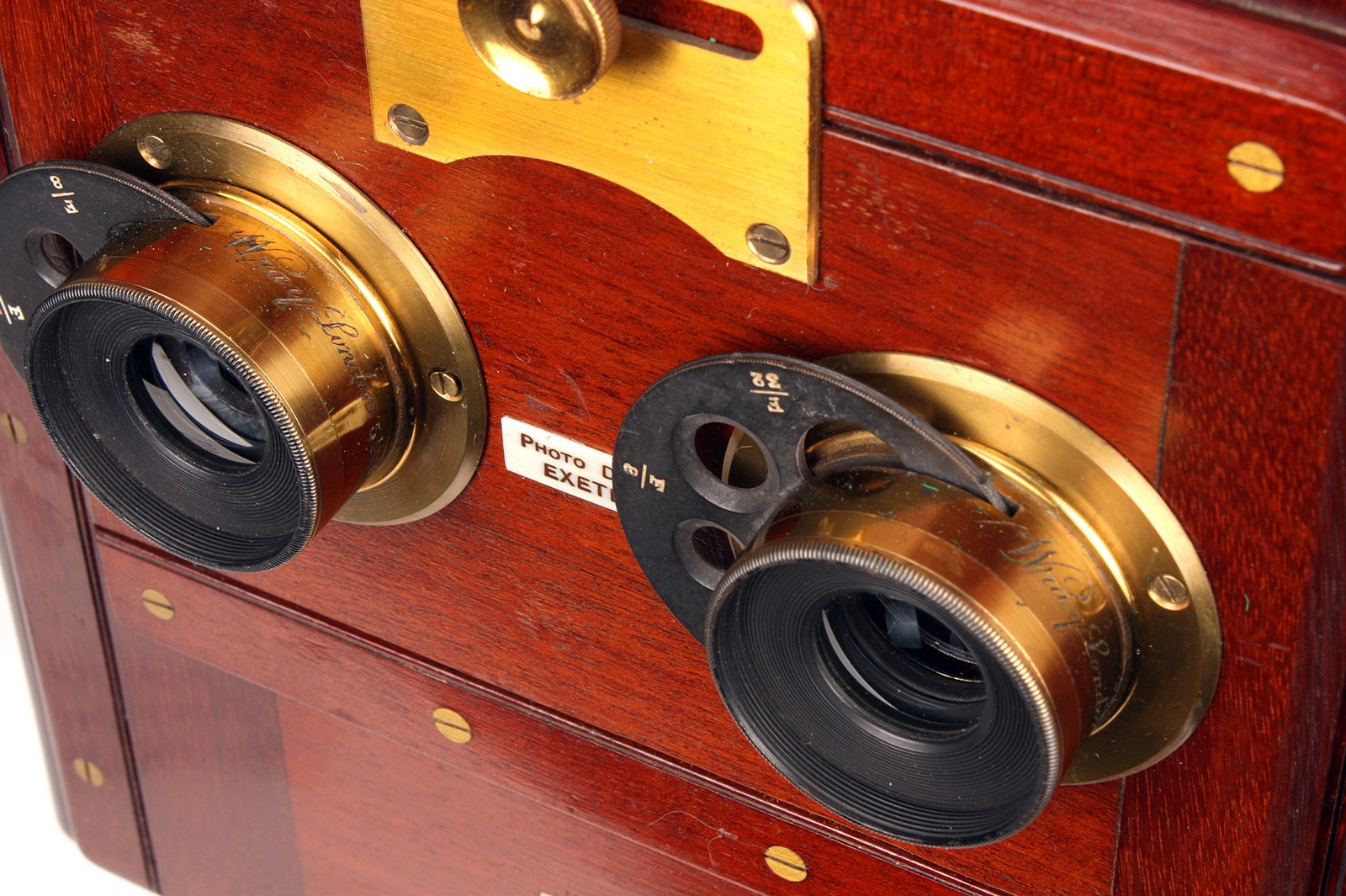 A W. Watson & Sons Mahogany Stereo Tailboard Camera, with brass bound corners, 4½x6¾”, with Wray - Image 3 of 5