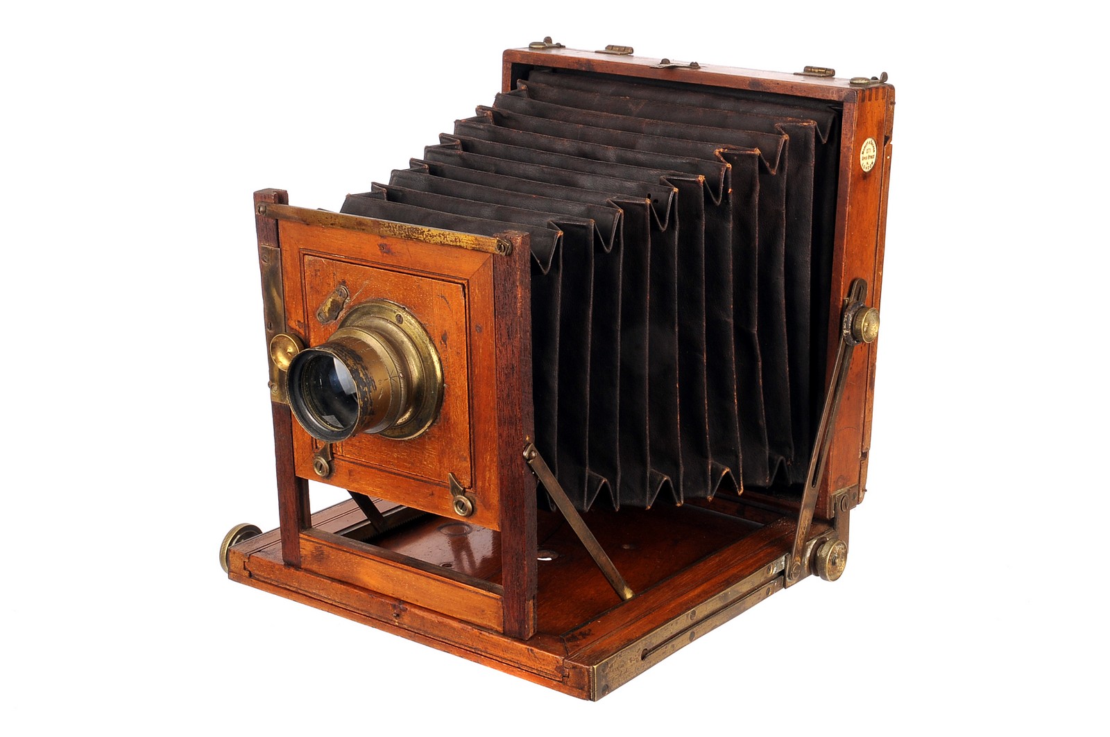 A Morley & Cooper Mahogany Field Camera, 4½x6¼, with unmarked f/8 brass lens, body, F, bellows