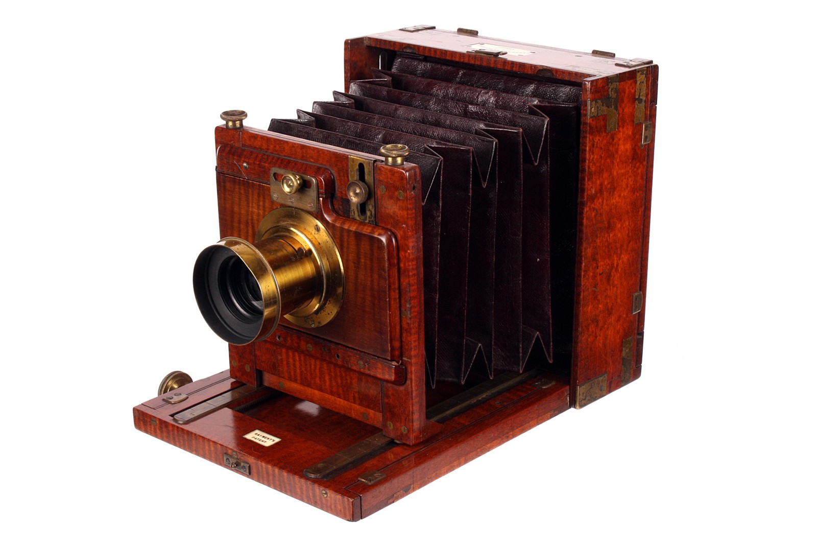 A Perken, Son & Rayment Patent Mahogany Field Camera, 4½x6¼, brass bound, with Perken, Son & Rayment