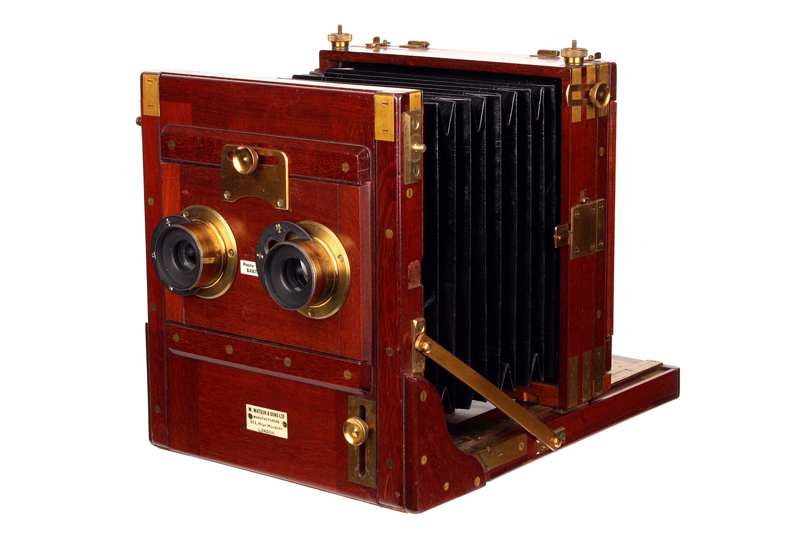 A W. Watson & Sons Mahogany Stereo Tailboard Camera, with brass bound corners, 4½x6¾”, with Wray