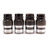Leitz Elmar f/4 90mm Lenses: quantity of seven Leitz Elmar f/4 90mm black / chrome lenses; all