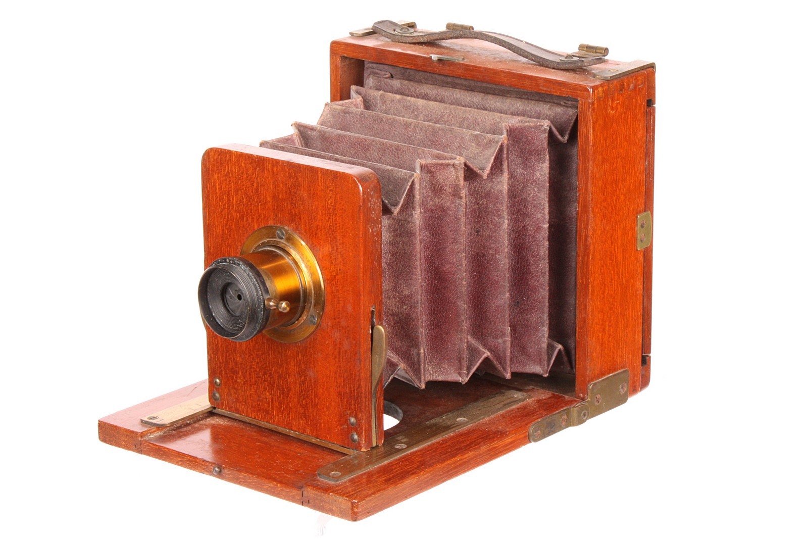 An Unmarked Mahogany Quarter-Plate Camera, 3x4”, with unmarked f/11 brass lens, body, G-VG, lens, VG