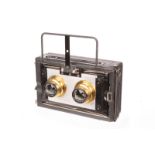 A Klopcic Stereo Camera, 6x13cm, with A.F.R Anastigmat Symmetrique f/6.8 135mm lenses, serial nos.