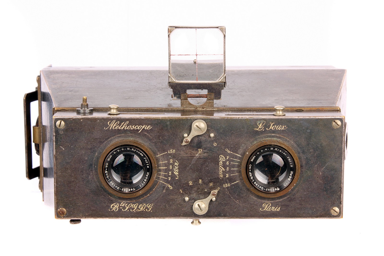 A Joux Metal Alethoscope Stereo Camera, 6x13cm, with E. Krauss Tessar-Zeiss f/6.3 90mm lenses, - Image 2 of 2