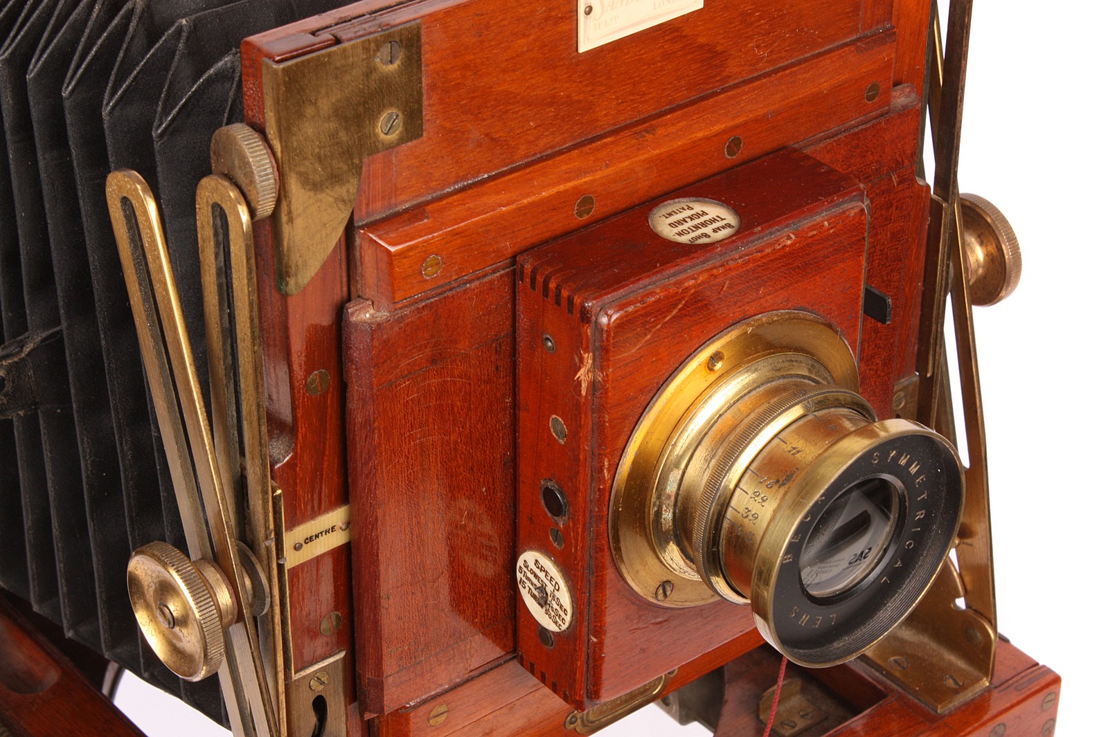 A Sanderson Tropical Mahogany Field Camera, 4½x6¼, with Beck Symmetrical f/8 brass lens, body, G, - Image 2 of 3