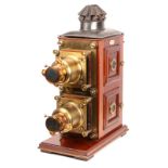 A J. Lancaster & Son Biunial Magic Lantern, mahogany body with laquered brass fittings, original