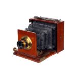 A J. Lizars Victor Mahogany Quarter-Plate Camera, 3x4”, with unmarked f/8 brass lens, body, G,