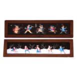Mahogany-mounted Magic Lantern Slides: comic characters, hand painted, 254 x 65mm, in wooden box,