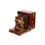 An Unmarked Mahogany Quarter-Plate Camera, 3x4”, with unmarked f/16 rotary Waterhouse-stop brass