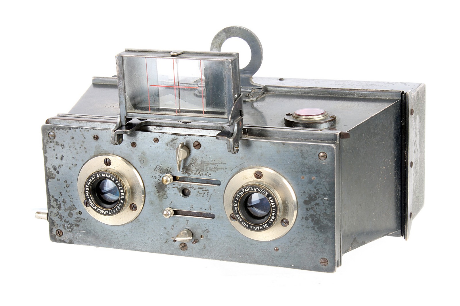 A Demaria Freres Jumelle Capsa Stereo Camera, model A, with rise and fall front, 45x107mm, with