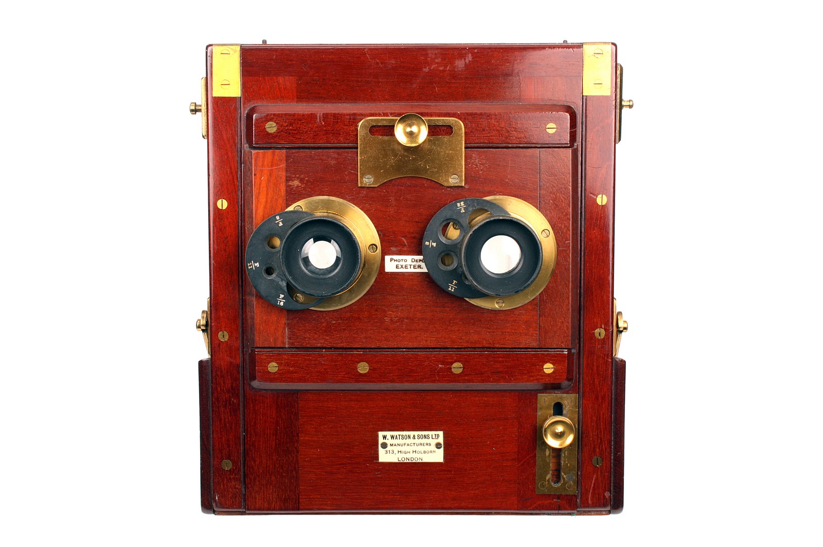 A W. Watson & Sons Mahogany Stereo Tailboard Camera, with brass bound corners, 4½x6¾”, with Wray - Image 2 of 5