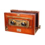 A Mus. Sauret Mahogany Stereo Tailboard Camera, 9x18cm, with Rectiligne Extra Rapide brass lenses,