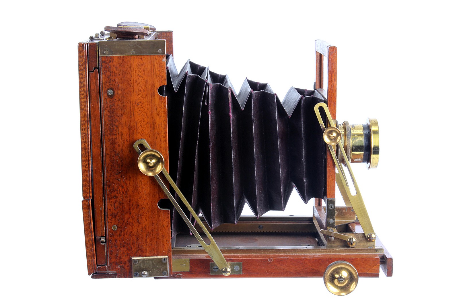 A Henry Crouch Mahogany Field Camera, with rear folding bed, 4½x6¼”, with unmarked f/8 brass lens, - Image 4 of 4