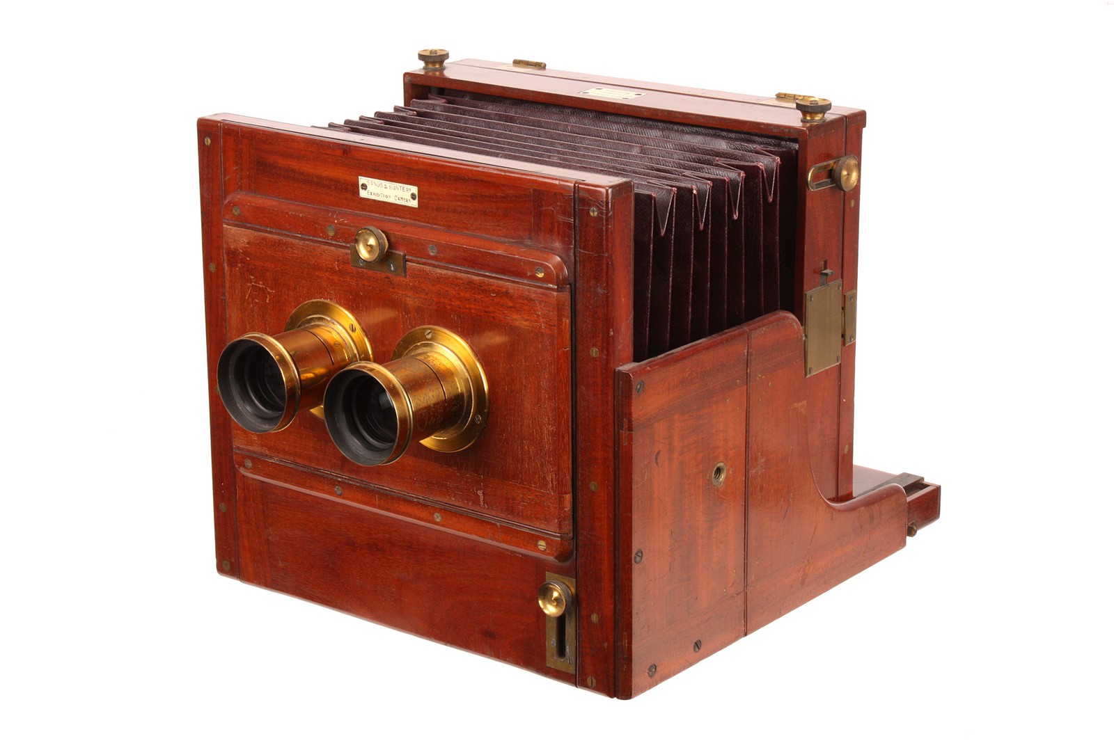 A Sands & Hunter Exhibition Mahogany Stereo Tailboard Camera, 6.5x8.5”, serial no. 529, with two