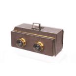 An Unmarked Jumelle-Type Stereo Camera, 6x13, with unmarked brass rotary Waterhouse-stop lenses,