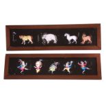 Mahogany-mounted Magic Lantern Slides: comic characters, hand painted, 350 x 95mm, in wooden box,