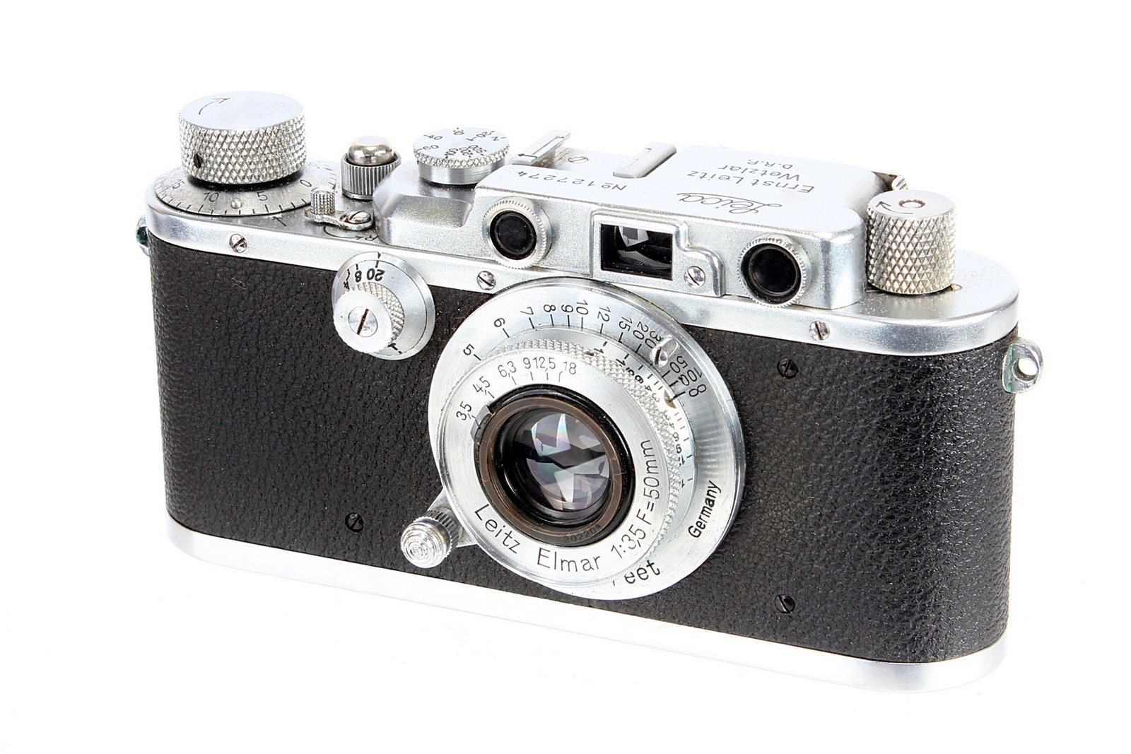 A Leica III Rangefinder Camera, 1934, bright chrome, serial no. 127274, with Leitz Elmar f/3.5