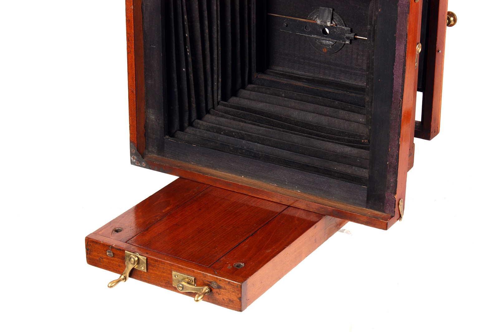 A J. Lancaster Mahogany Copy Camera, 10x8”, with unmarked dual-stop gate lens, body, G, front - Image 2 of 2
