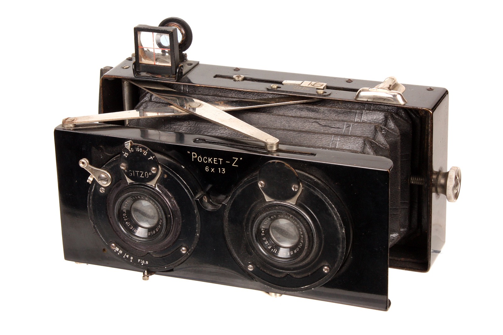 A Zion Pocket-Z Stereo Camera, 6x13”, with Berthiot Olor Series II f/6.8 75mm lenses, serial nos.