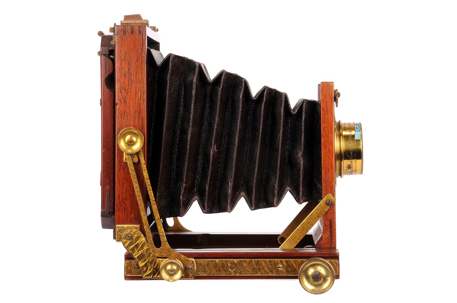 An Unmarked Mahogany Quarter-Plate Camera, 3x4”, with Wray W.A.R f/16 5” rotary Waterhouse-stop - Image 3 of 3