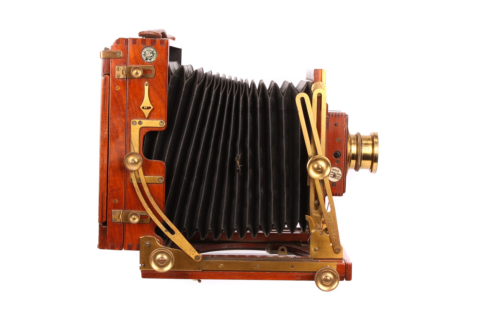 A Sanderson Tropical Mahogany Field Camera, 4½x6¼, with Beck Symmetrical f/8 brass lens, body, G, - Image 3 of 3