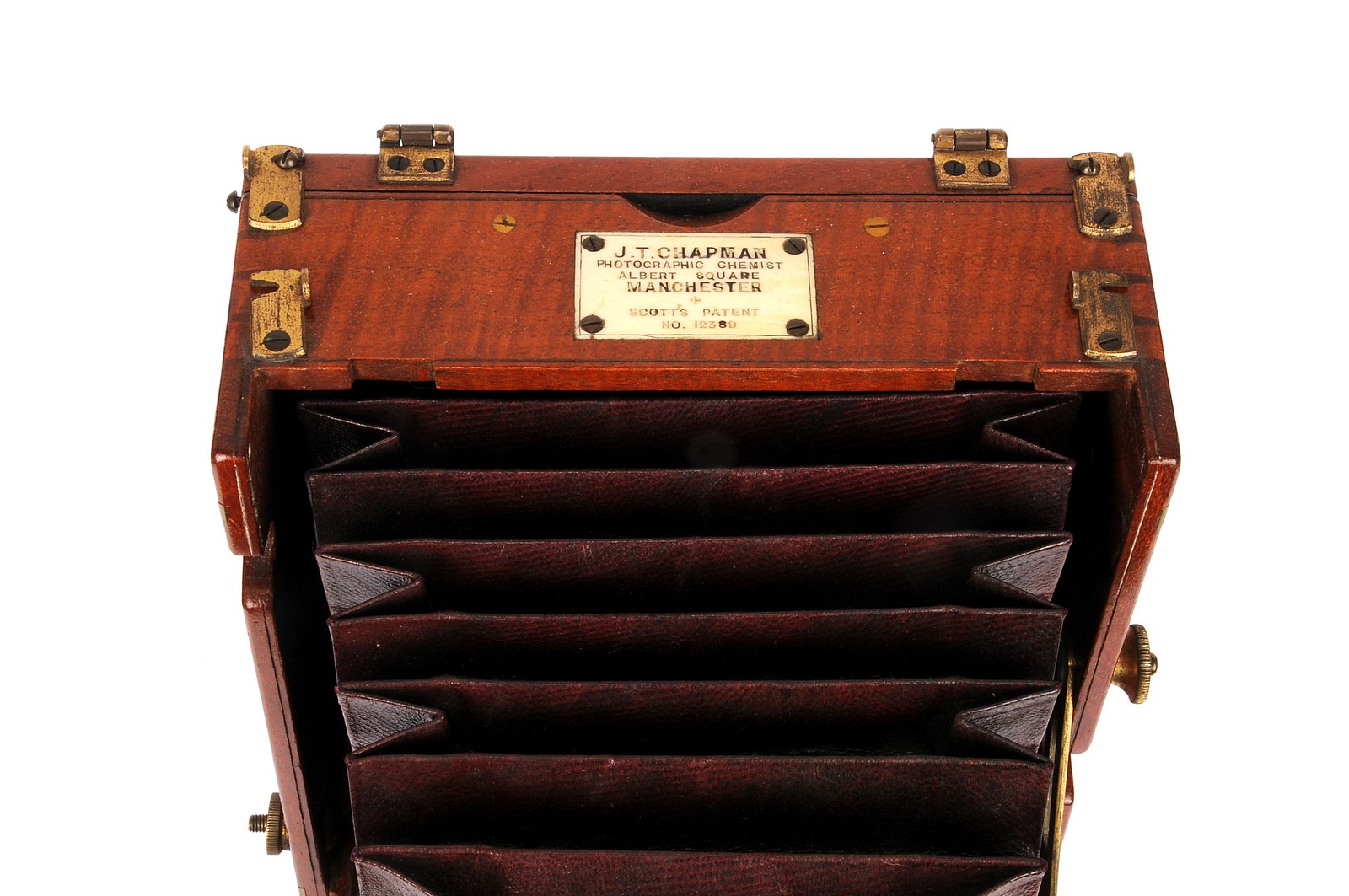 A J. T. Chapman Mahogany Field Camera, 3¼x4½, with unmarked f/8 brass lens, body, G-VG, lens, F, - Image 3 of 3