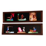 Mahogany-mounted Magic Lantern Slides: various coloured slides, including animals and caricatures,