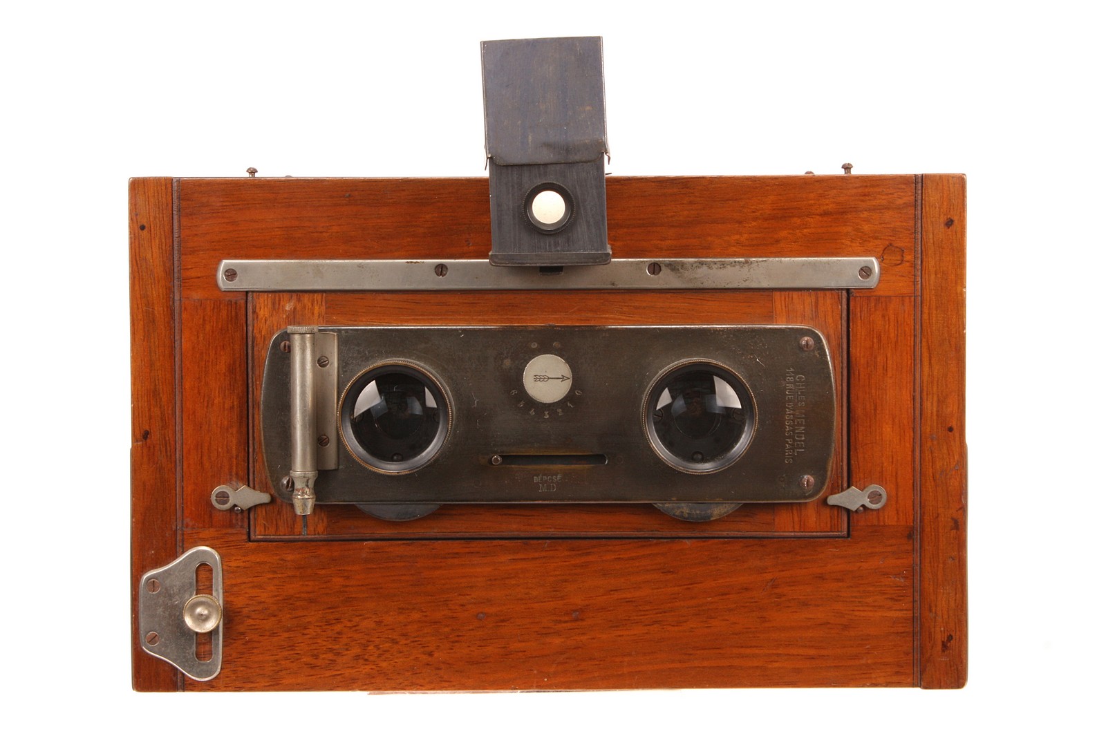 A Charles Mendel Mahogany Stereo Tailboard Camera, 9x18cm, with Panoramique Extra Rapid aluminium - Image 2 of 5