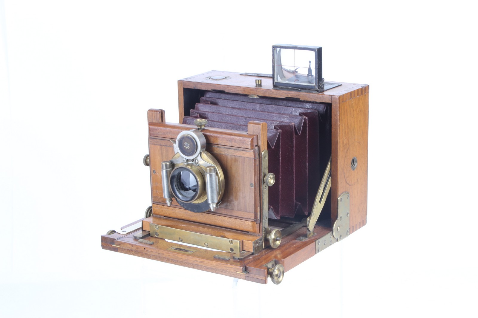 An Unmarked Mahogany Box Camera, possibly French, 3½x4½, with unmarked f/8 brass lens, in Bausch &