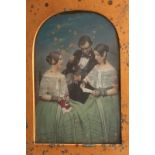 A half-plate tinted Daguerreotype of a young man and two seated young ladies, they dressed in