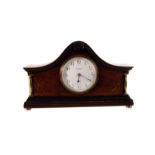A J.B Yabsley mahogany inlaid mantle clock, having brass column style design to the sides