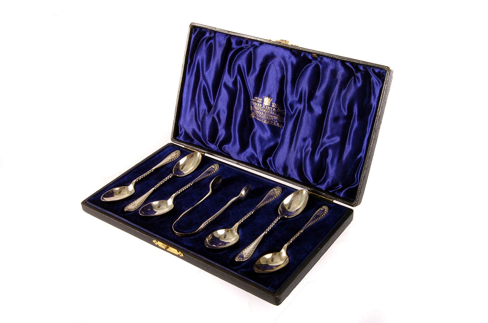 A cased set of Victorian tea spoons with tongs, in Thomas Kent fitted box, marked Chester 1896