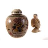 A large Oriental ginger jar, having oriental warrior scenes, together with a pottery oriental figure
