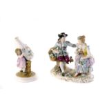 A Sitzendorf porcelain figural group, modelled as a couple with flowers, together with another