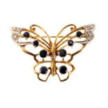 A diamond and sapphire butterfly brooch, the two pairs of four graduated round cut sapphires to each