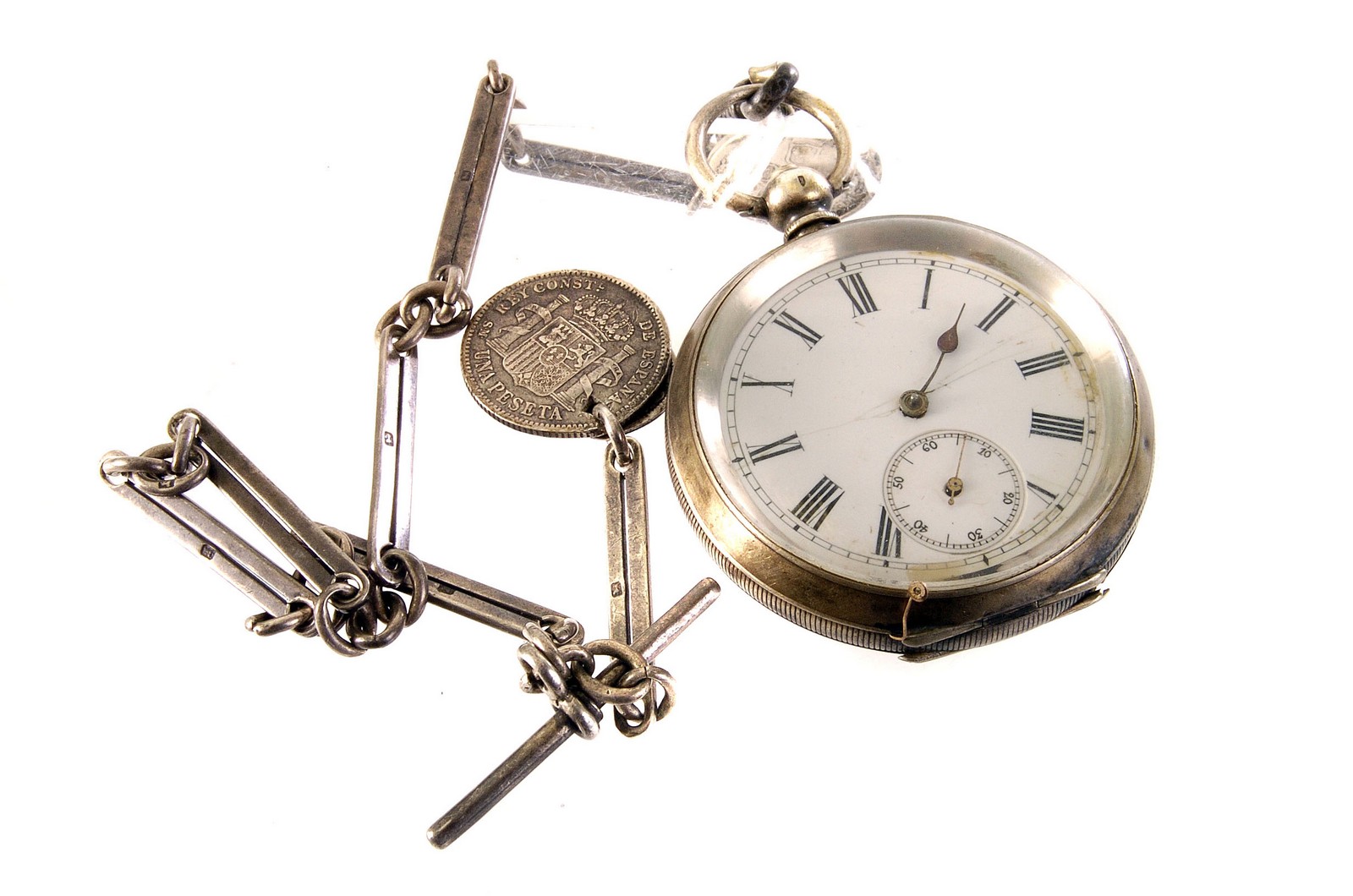 A gent's silver open faced fob watch, together with chain mounted with coins (2)